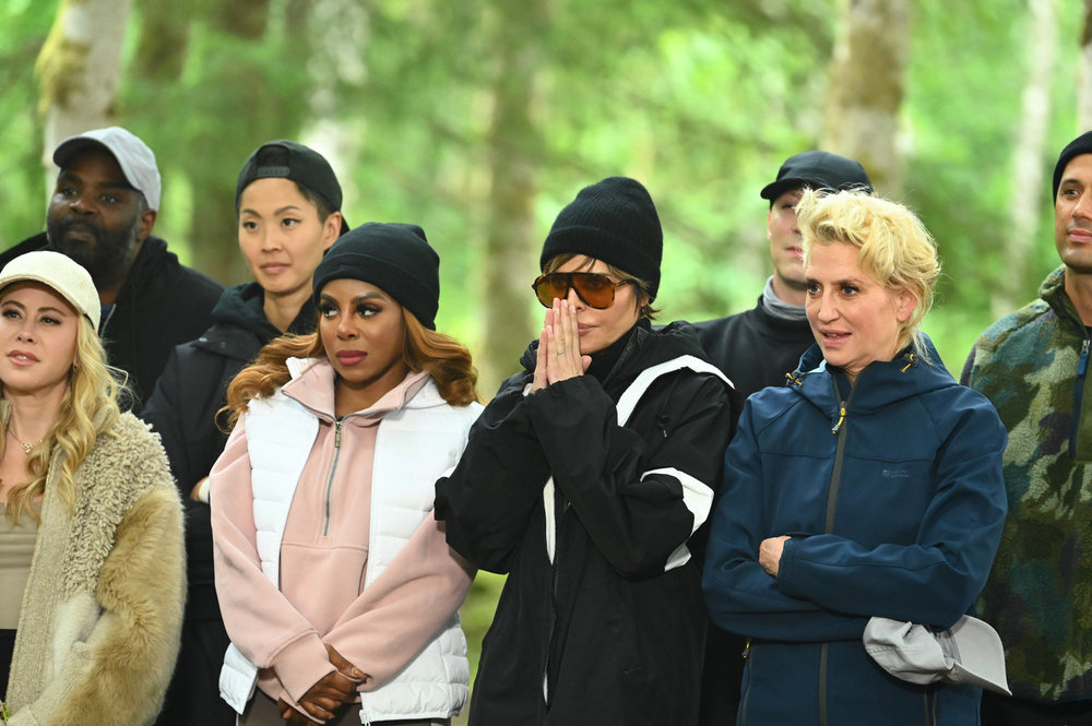 Tara Lipinski, Ron Funches, Kristen Kish, Candiace Dillard Bassett, Lisa Rinna, Dorinda Medley await a challenge on Season 4 of The Traitors